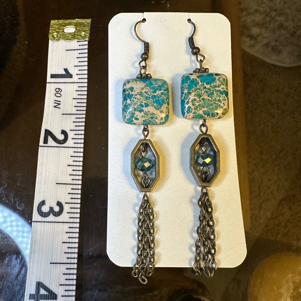 Elegant Blue and gold Dangle Earrings.  Jasper and crystal